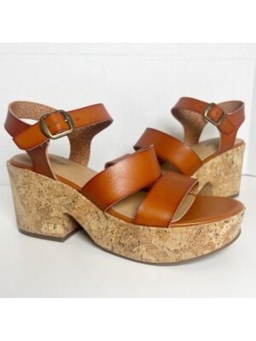 Seychelles Cork Wood Platform Sandals with Ankle Strap Tan Brown Women’s Size